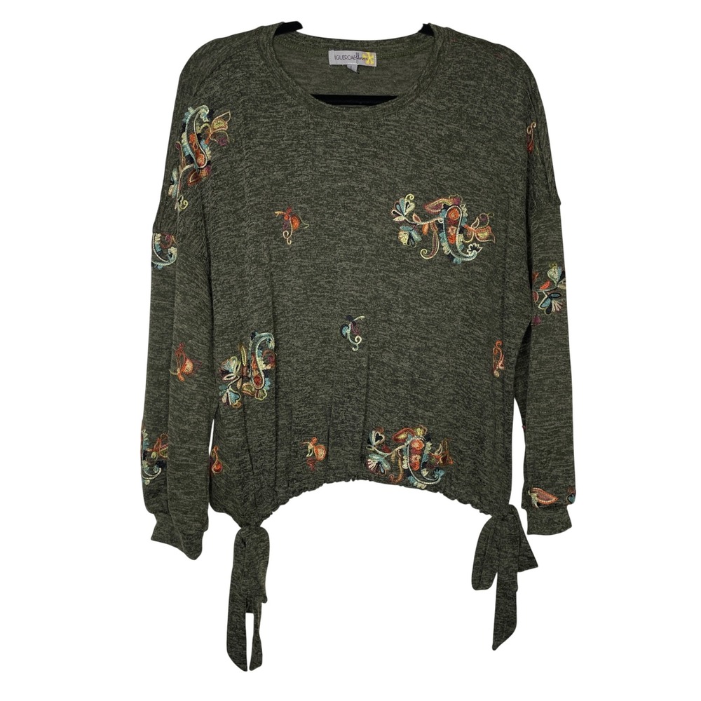 Figueroa & Flower Top Womens Large Green Embroidered Boho Side Tie Relaxed Fit